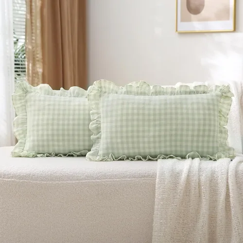 Vista 32 de Paquete de 2 fundas de almohada europeas a cuadros azul polvoriento, blanco, a cuadros, 100% algodón lavado, a cuadros, estilo francés, rústico