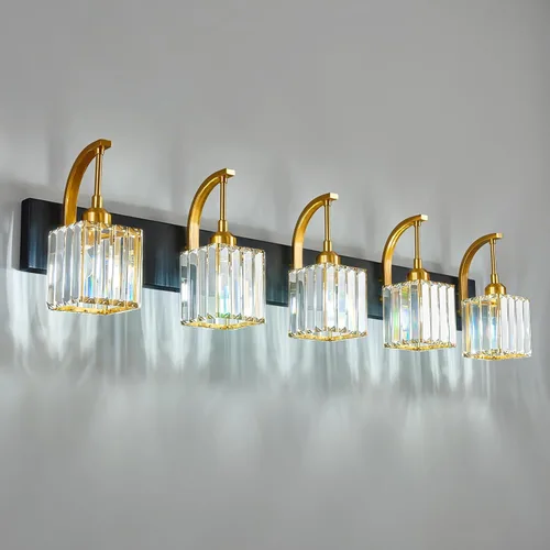 Vista 53 de Lámpara de tocador de cristal de 4 luces, aplique de pared de baño cromado moderno con pantallas de cristal K9, 32.67" de largo, iluminación sobre