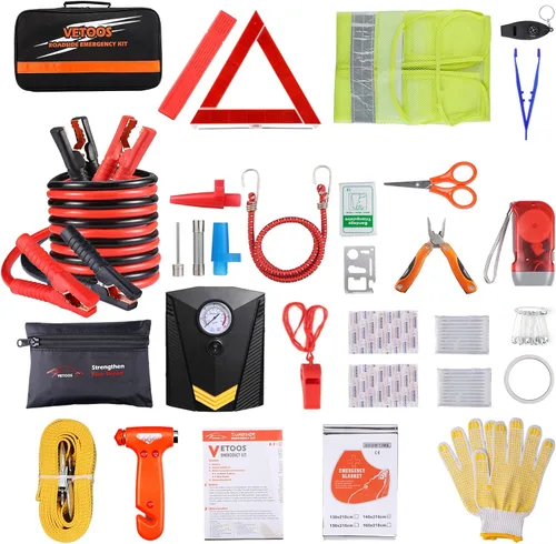 Kit de emergencia en carretera para automóvil con cables de puente, kits de asistencia lateral de seguridad para vehículos, kit de automóvil de