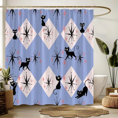 Vista 3 de Mid Century Atomic Black Cat Shower Curtain Blue Modern Abstract Geometric Minimalist Funny Boho 1950s Fabric Bathroom Decor Curtain with