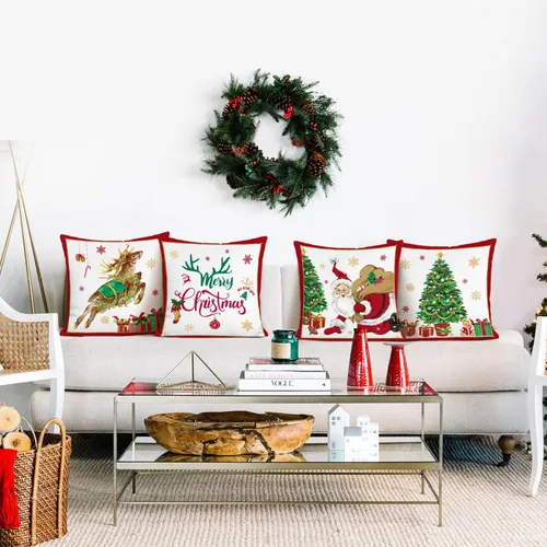 Vista 4 de Bonhause Juego de 4 fundas de almohada de reno de Navidad de 18 x 18 pulgadas, almohadas decorativas de Papá Noel para sofá, decoración
