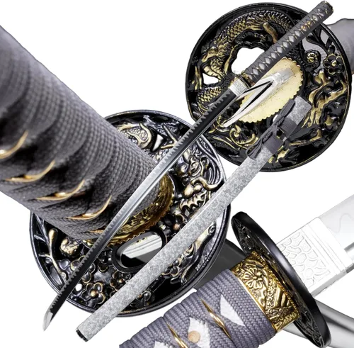 Vista 12 de Katana，Hand-Forged Katana Sword，Razor-Sharp 1095 & T10 Damascus Steel Blade, Full-Tang Structure for Martial Arts Practice, Collector's Display