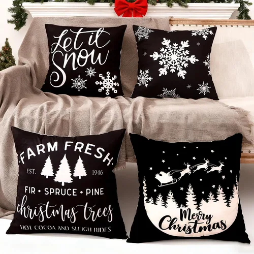 JOJOGOGO Decoraciones de Navidad Fundas de Almohada de Navidad en Blanco y Negro 18x18 Juego de 4, Decoración Navideña Negra Copo de Nieve Árbol de