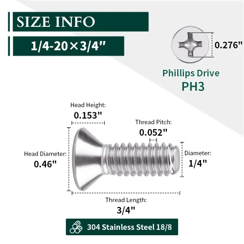 Vista 3 de Tornillos de máquina de cabeza avellanada plana 1/4-20 x 1, Phillips Drive, acero inoxidable 304 18-8, rosca completa, rosca gruesa UNC, 25 PCS