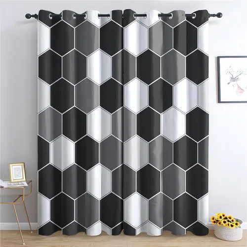 Cortinas hexagonales blancas y negras, cortinas opacas geométricas para dormitorio, cortinas de ventana modernas, cortinas abstractas llamativas