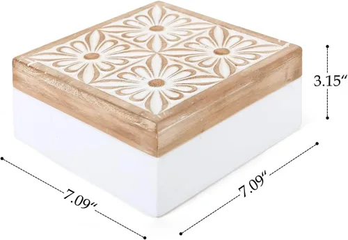Vista 6 de Pequeña caja decorativa con tapa, caja de almacenamiento de recuerdos de madera, flor tallada, hecha a mano, joyero rústico para baratijas