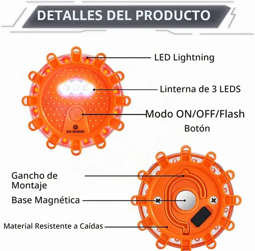 Vista 4 de Kit de bengalas LED de carretera para emergencia, kit de luces de emergencia para carretera con base magnética para vehículos y barcos 9 modos