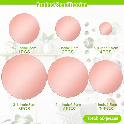Vista 4 de 60 calcomanías de pared de espejo acrílico, calcomanías redondas adhesivas para el hogar, baño, dormitorio, espejo de oro rosa, papel tapiz