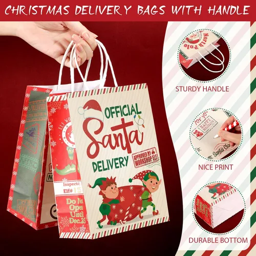 Vista 3 de Zonon 24 bolsas de papel de estraza de papel de estraza para Navidad, bolsas de papel de Navidad rojas y verdes con asas, regalo de caramelos
