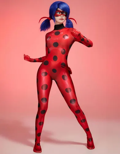 Vista 2 de Miraculous Mono de mujer con impresión digital 3D de mariquita con máscara de ojos y bolsa Yoyo para disfraz de cosplay