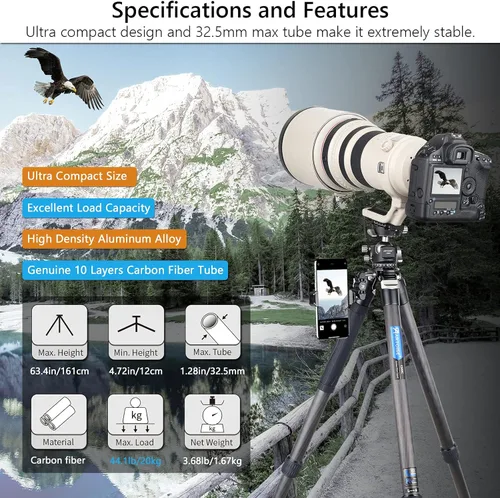 Vista 3 de ARTCISE Trípode de cámara de fibra de carbono - Trípode de viaje profesional resistente sin cabeza esférica, monopie para cámara réflex digital