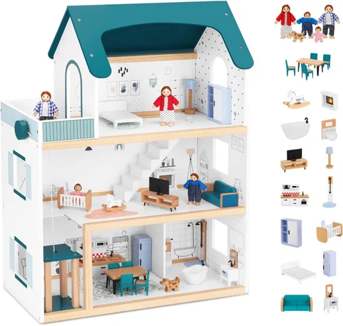 OOOK Casa de muñecas de madera con elevador elevable, casa de muñecas moderna de 2.6 pies de alto para niños pequeños, incluye 21 muebles, 4 muñecas