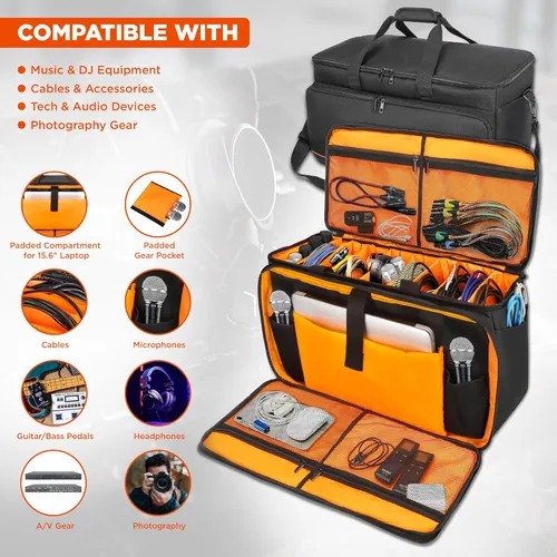 Vista 5 de Bolsa organizadora de archivos de cable y bolsa para DJ con parte inferior acolchada desmontable y separadores ajustables, bolsa de viaje