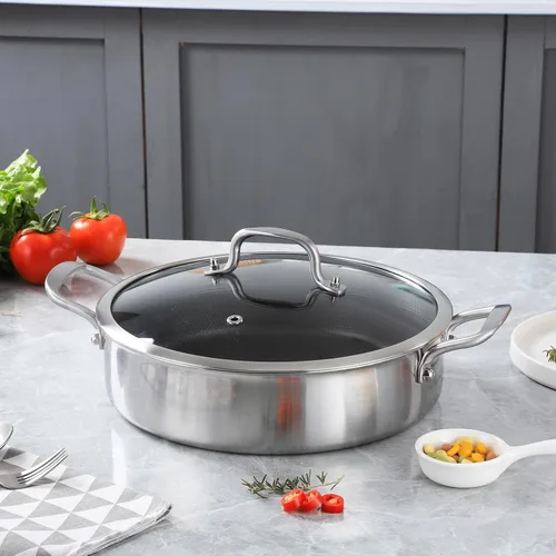 Vista 5 de Sartén Saltear de Acero Inoxidable de Tres Capas de 7 Cuartos, Sartén Antiadherente de 12 Pulgadas con Tapas, Utensilios de Cocina de Calor Rápido