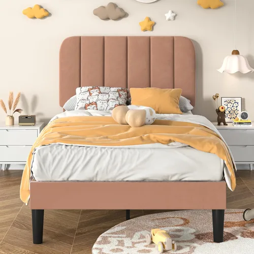 Vista 29 de VECELO Base de cama tapizada de tamaño matrimonial con 4 cajones y cabecero, plataforma de terciopelo, soporte de listones de madera, no necesita