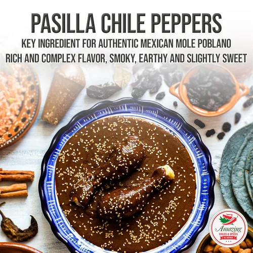 Vista 5 de Pasilla Chiles Secos 1LB (16oz) - Grapa en la cocina mexicana topos, salsas, guisos, salsa. Calor suave - Sabor picante y punget