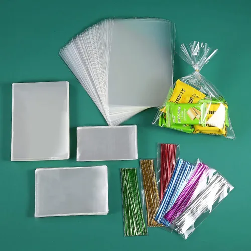 Vista 8 de 200 bolsas de celofán planas de celofán de 4 x 9 pulgadas, transparentes y gruesas, con lazos torcidos de 6 colores, embalaje, galletas, dulces