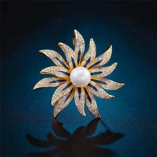 Vista 3 de Broches de girasol con perlas para mujer, aleación de diamantes de imitación de cristal, alfileres esmaltados, bolsa, insignia, bufanda, hebilla