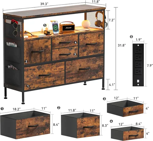 Vista 3 de Cómoda para dormitorio, soporte de TV con tomas de corriente y luz LED, cómoda de 6 cajones con bolsillos laterales y ganchos, cómoda ancha