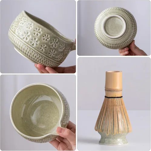 Vista 4 de Buucup Juego de batidor de matcha, kit de matcha de cerámica que incluye cuenco matcha, batidor y soporte, cuchara de bambú, soporte para cucharada
