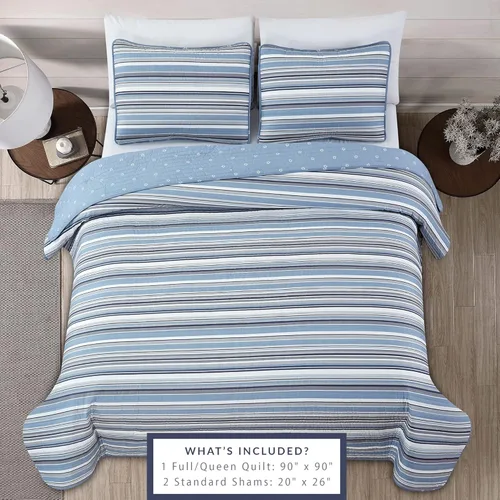 Vista 3 de Market & Place Juego de edredón reversible de 3 piezas con fundas de almohada, colcha suave y ligera para todas las estaciones con patrón de rayas