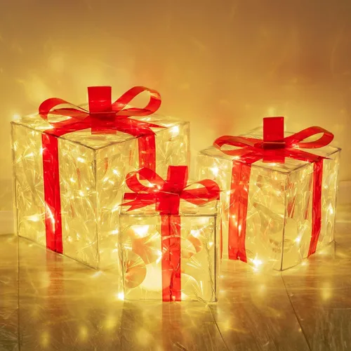 Vista 9 de Hourleey - Juego de 3 cajas de regalo iluminadas de Navidad, 60 luces LED preiluminadas, cajas de regalo decorativas para árbol de Navidad