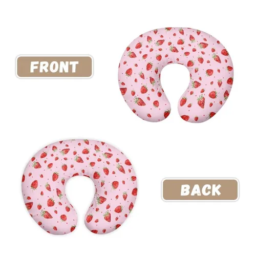 Vista 4 de Funda de almohada de lactancia materna en forma de U con forma de fresa rosada para madres que amamantan, linda funda de almohada suave de frutas