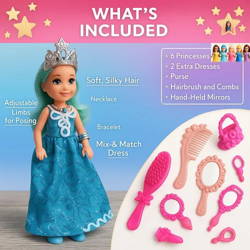 Vista 7 de Set de muñecas princesa de TOMLEON – 6 mini muñecas princesa con vestidos coloridos, coronas y joyas – Set de juego de rol de fantasía para niños