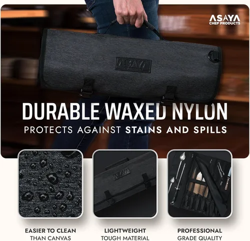 Vista 3 de Asaya Bolsa enrollable para cuchillos de chef, 20 bolsillos en total para cuchillos y utensilios de cocina, fabricada con nailon encerado resistente