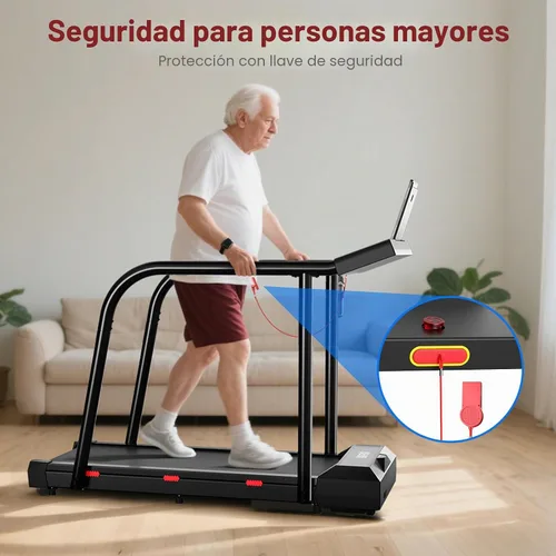 Vista 5 de Treadmill for Seniors with Long Handrails, Emergency Stop Button 4 Major Safety Protections, 300 lb Capacity, LED Display, Remote Control and