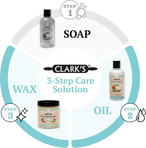 Vista 3 de CLARK'S Kit de cuidado de tabla de cortar con aceite de coco, incluye aceite de bloque de carnicero y cera, fabricado con aceite de coco refinado