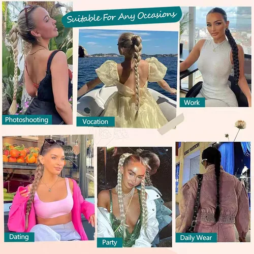 Vista 7 de EMMOR Extensión de cola de caballo larga trenzada con cabello lacio envolvente, extensiones de cabello sintético suave y saludable para mujeres