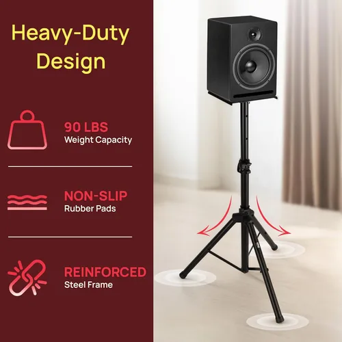 Vista 5 de Pyle Par de soportes ajustables para altavoces: trípode de monitor de estudio dual con base de metal, almohadillas de altavoz antideslizantes