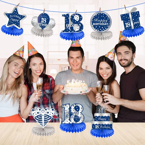 Vista 17 de Kauayurk - 8 centros de mesa de panal azul plateado para décimo cumpleaños de niños, suministros de fiesta de cumpleaños para decoración de mesa