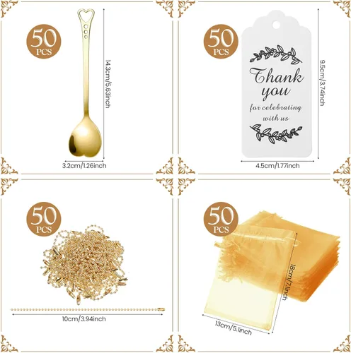 Vista 2 de Meanplan Juego de 50 juegos de cucharas de té para fiestas, juego de regalos de té en forma de corazón dorado para invitados, cuchara de café