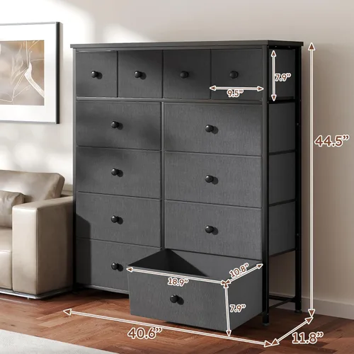 Vista 3 de Cómoda alta para dormitorio con 12 cajones, cómoda de tela y cómoda con marco de metal resistente, parte superior de madera, armario