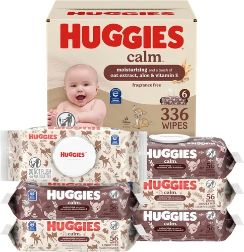 Huggies Calm - Toallitas para bebé sin perfume, hipoalergénicas, 6 paquetes con botón de presión (336 toallitas en total), el embalaje puede variar