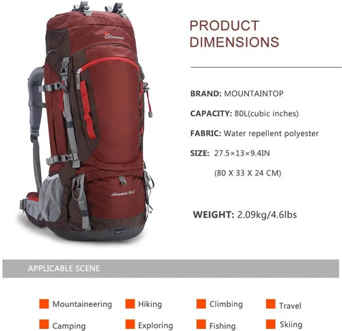 Vista 2 de MOUNTAINTOP Mochila de marco interno de 80L para hombre y mujer Mochila de senderismo con cubierta de lluvia Backpacking pack, hydration Granate-80l