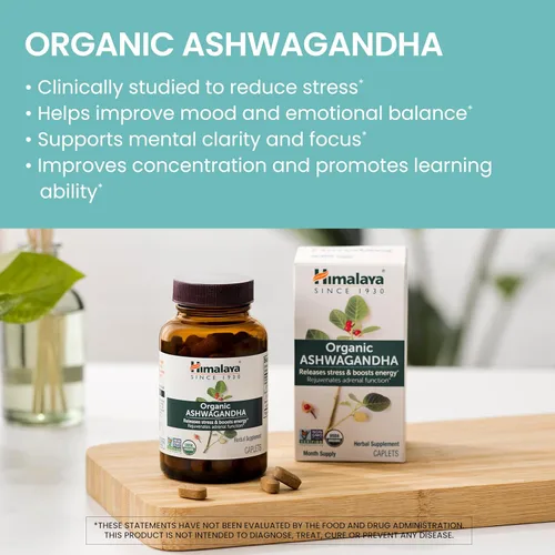 Vista 3 de Suplemento Himalaya Ashwagandha orgánicos para alivio del estrés y Energy Boost, 60 caplets, suministro para 2 meses