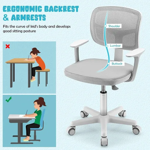 Vista 13 de POWERSTONE Silla de escritorio para niños, silla de computadora de malla ajustable con reposabrazos, cojín suave y silla de oficina giratoria de Rosa