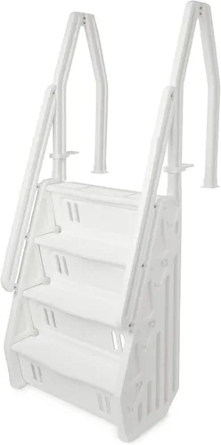 Vinyl Works Escalera ajustable de lujo de 32 pulgadas con pasamanos doble para piscinas sobre el suelo, color blanco