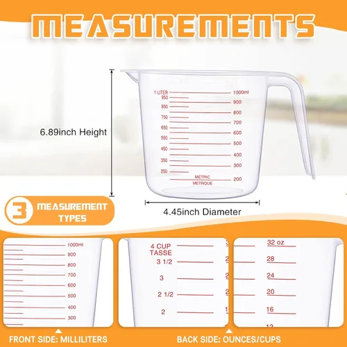 Vista 4 de TOODOO 12 tazas medidoras de 4 tazas/32 onzas de capacidad, vasos medidores de plástico transparente con boquilla y mango de agarre de 33.8 fl oz