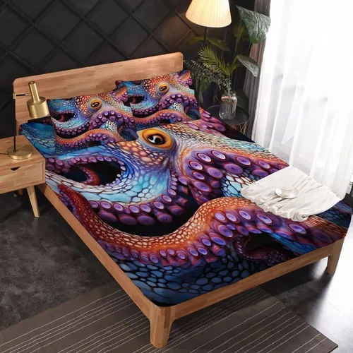 Vista 2 de Juego de sábanas de pulpo tamaño individual, sábanas de microfibra suave y bolsillo profundo, sábanas y fundas de almohada estampadas sin arrugas, 3