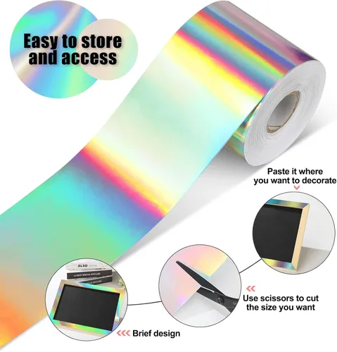 Vista 3 de Treela Tablero de anuncios iridiscente de 131 pies, decoración de aula, borde holográfico recto, enrollado, autoadhesivo, tablón de anuncios