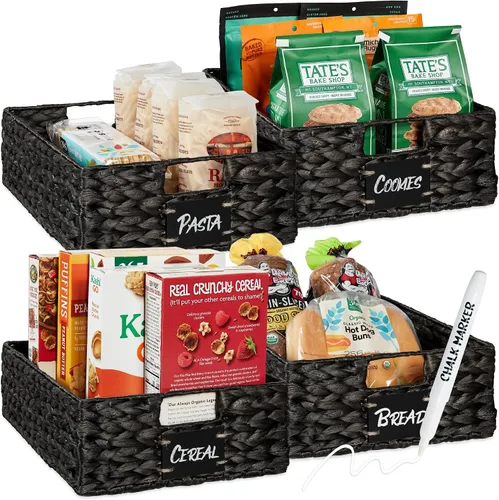 Best Choice Products Juego de 4 cestas grandes de jacinto de agua de 16 x 12 pulgadas para despensa, organizadores tejidos con etiqueta de pizarra,