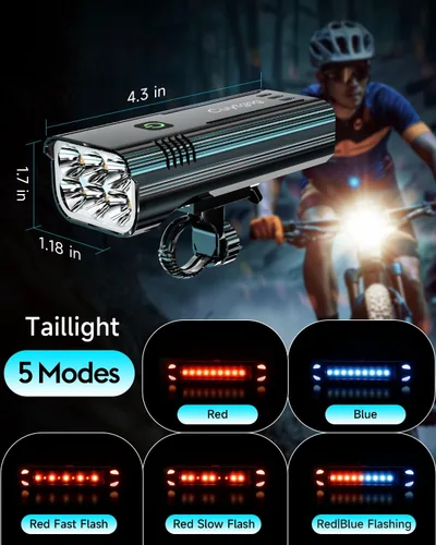 Vista 4 de 2026 Upgrade 6800Lumen Bike Light for Night Riding,Super Bright 6 LED Headlight,Aluminum 10 Mode Rechargeable Bicycle Light Front and