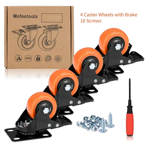 Vista 6 de Ruedas giratorias de 2 pulgadas con carga de 600 libras, ruedas de poliuretano naranja, ruedas giratorias de placa superior, juego de 4 ruedas