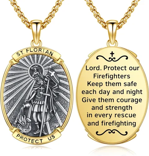 Vista 18 de Collar con colgante de amuleto de medalla de San de plata 10A-St Michael Oval