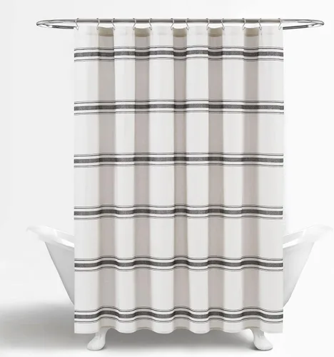 Vista 6 de Cortina de regadera de algodón a rayas estilo rústico de Lush Decor, 72 x 72 pulgadas, negra - Cortina de baño a rayas - Cortinas de ducha de tela