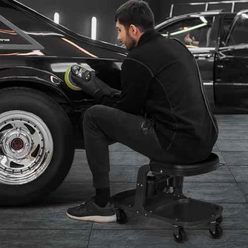 Vista 3 de M-AUTO Asiento de rodillo para garaje, taburete de taller mecánico resistente con bandeja para herramientas y estante para equipos, asiento